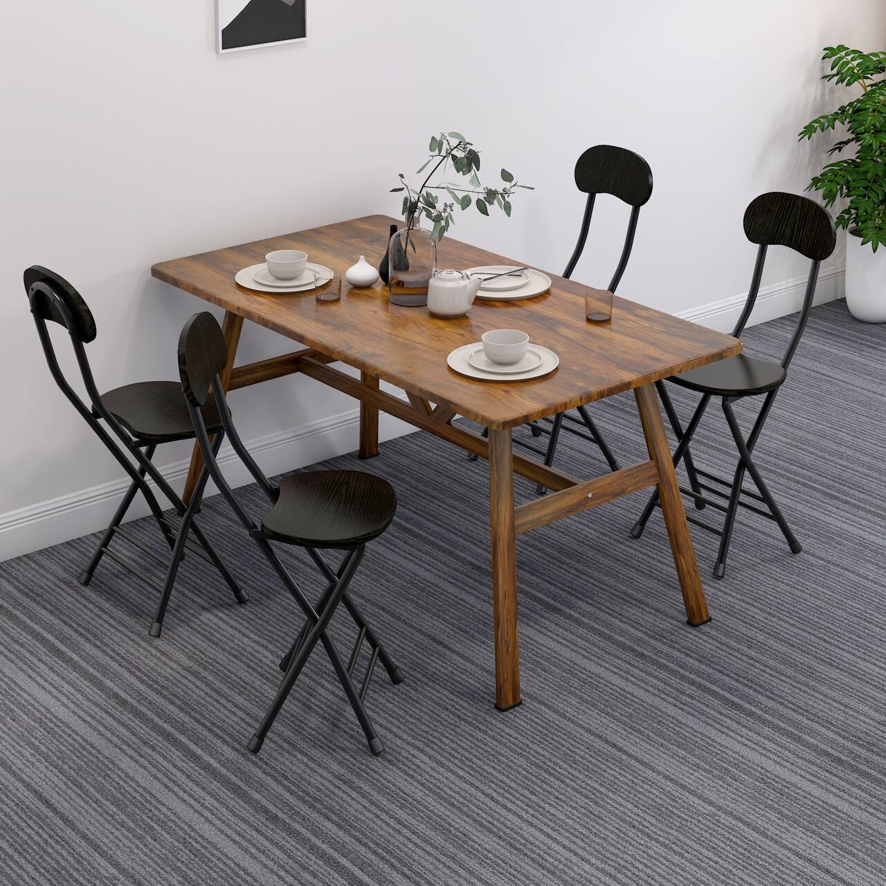 5-Piece Set Apollo Wood and Steel Dining Table & Folding Chairs (Walnut & Black)