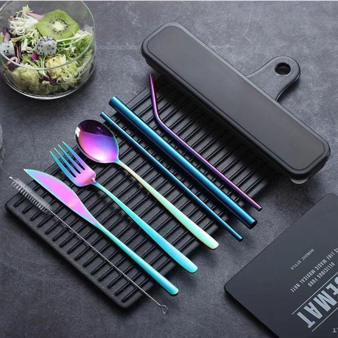 9PC Premium Cutlery Portable Travel Set Stainless Steel Knife Fork Spoon Straws (Colourful)