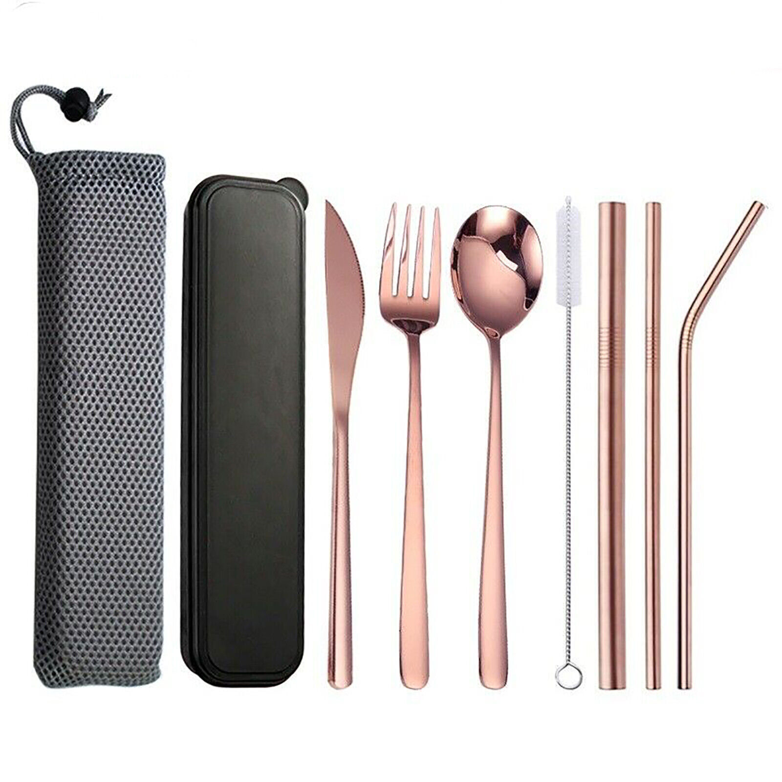 9PC Premium Cutlery Portable Travel Set Stainless Steel Knife Fork Spoon (Rose Gold)