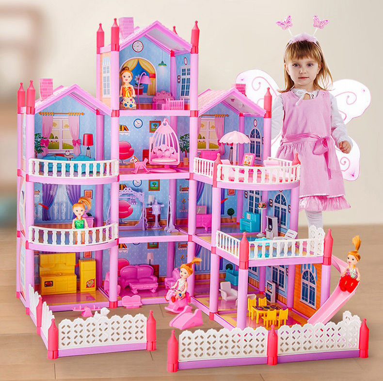 4-level LED Large Dreamhouse Mansion Doll House Princess Villa Toy Set with Dolls & Furniture