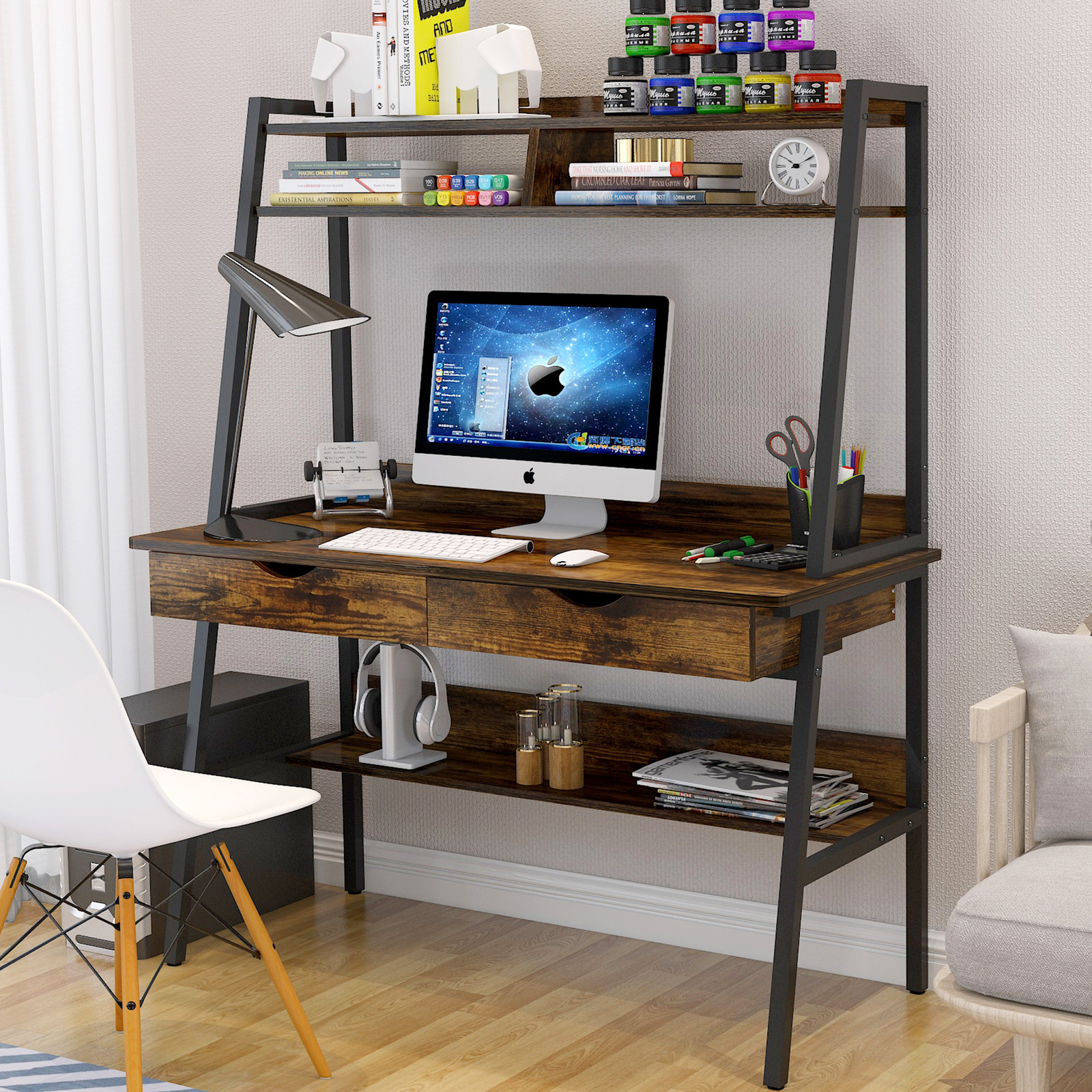 Liberty Computer Desk Workstation with Shelves & Drawers (Rustic Wood)