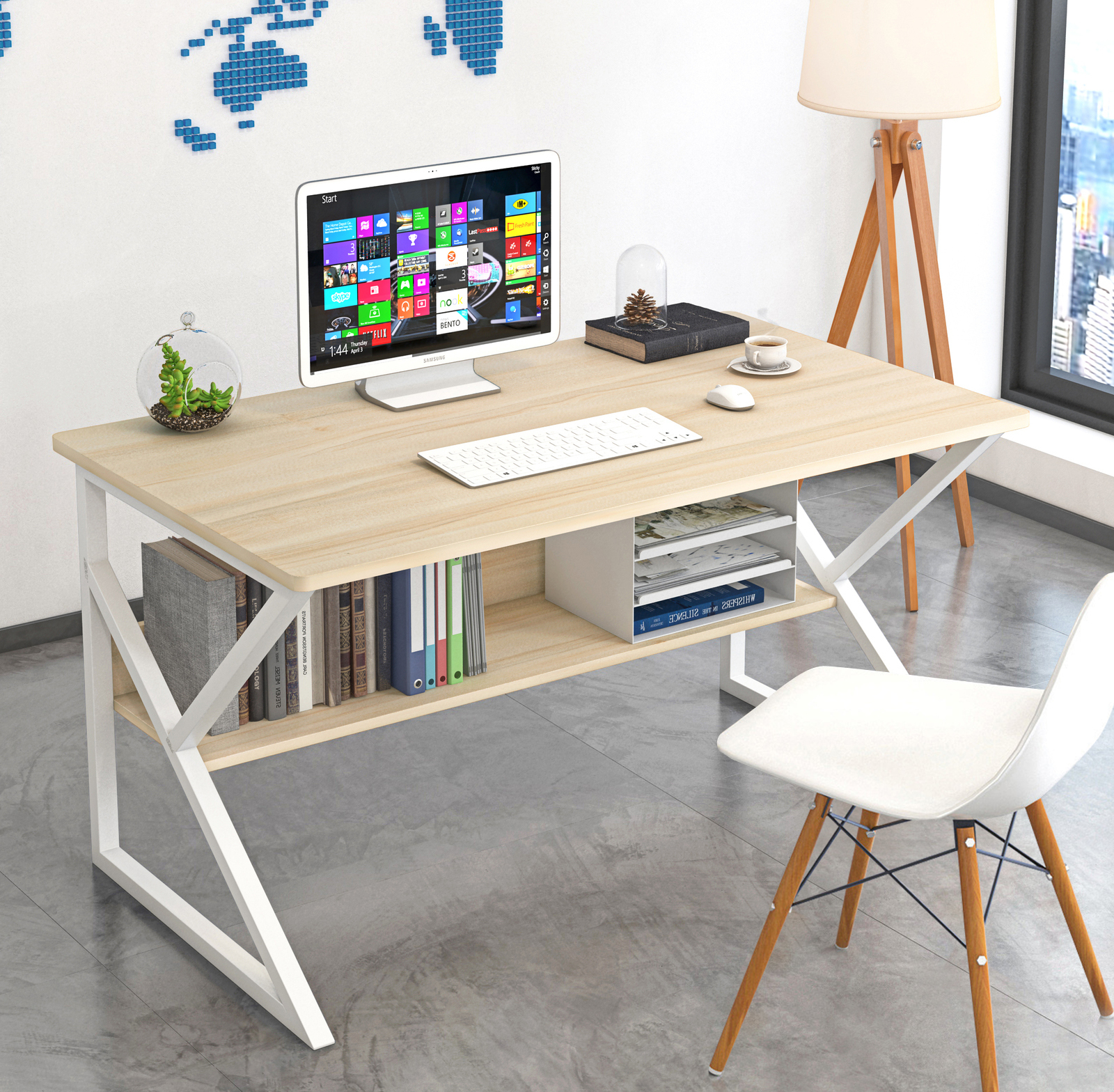Kori Wood & Metal Computer Desk with Shelf (White) -100cm 