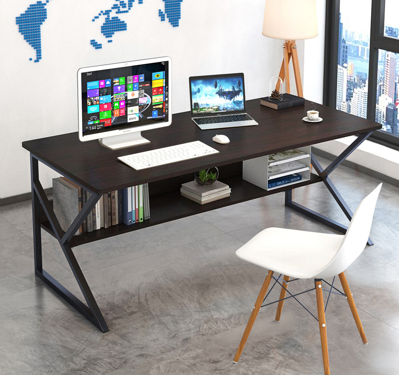 Kori Large Wood & Metal Computer Desk with Shelf (Black Walnut)