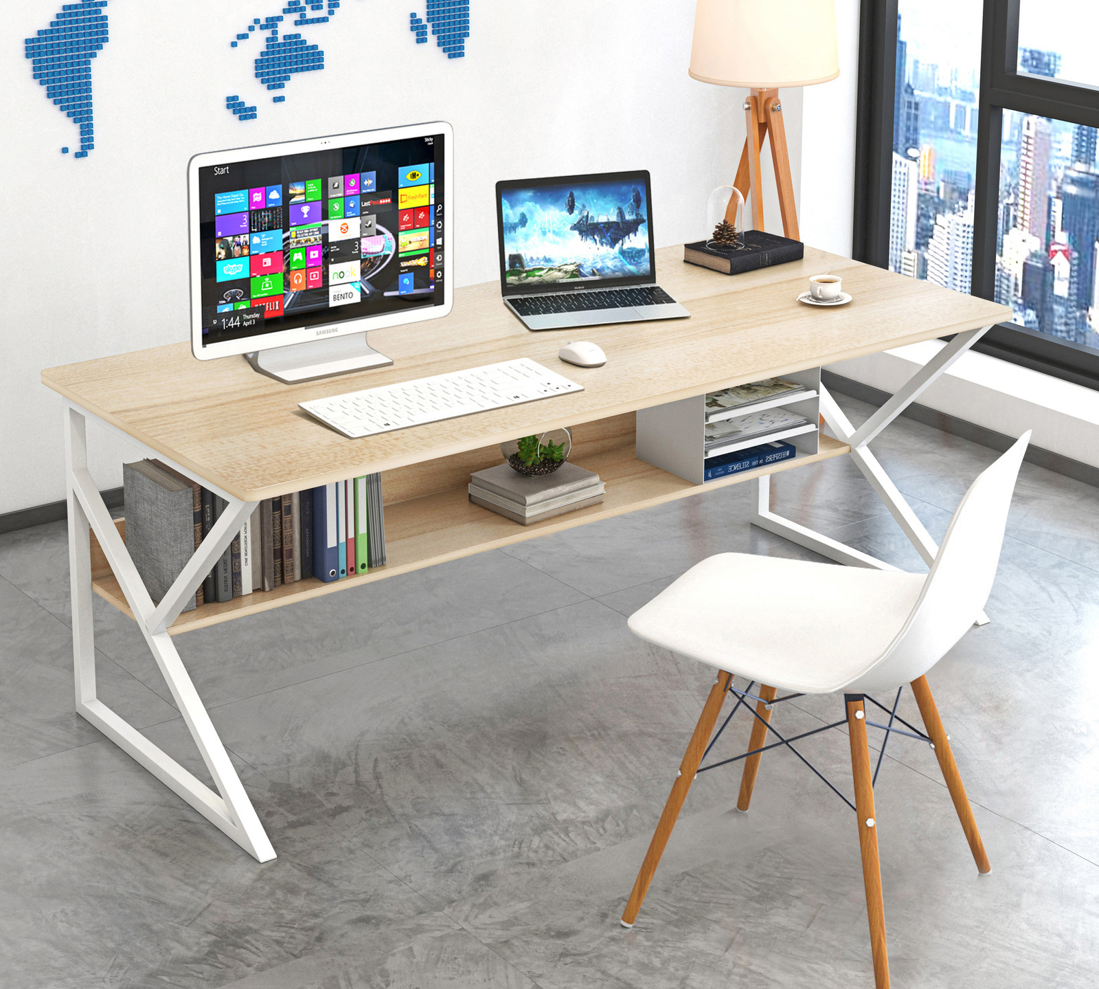 Kori Large Wood & Metal Computer Desk with Shelf (White Oak)