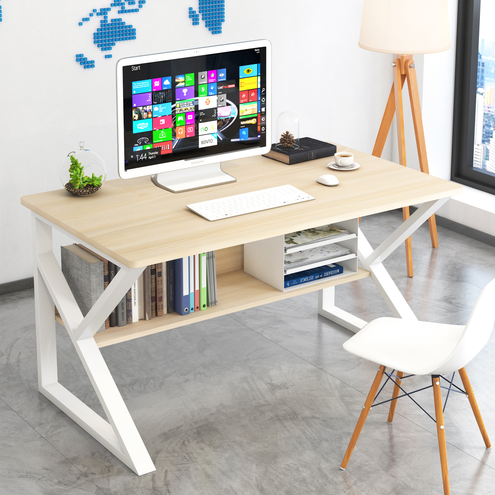 Kori Wood & Metal Computer Desk with Shelf (White Oak) - 80cm