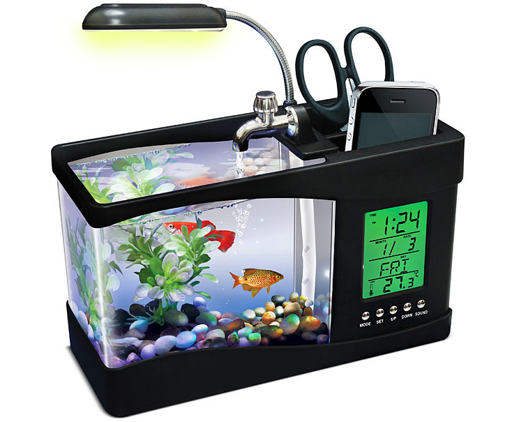 Desktop Aquarium USB Fish Tank/Alarm Clock/Lamp (Black)