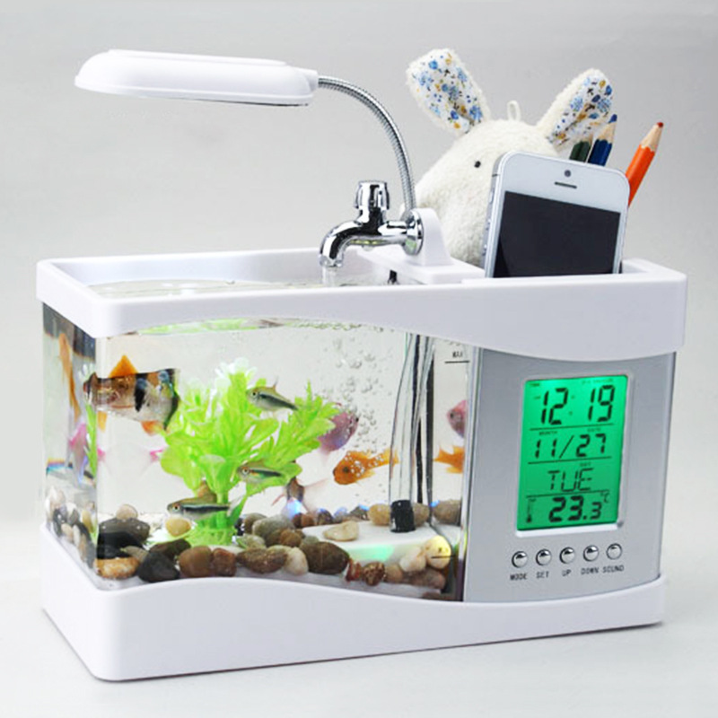 Desktop Aquarium USB Fish Tank/Alarm Clock/Lamp (White)