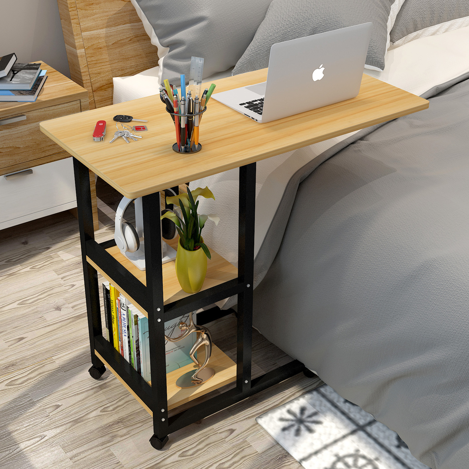 Large Supreme Sofa Bed Side Table Laptop Desk with Shelves & Wheels (Oak)