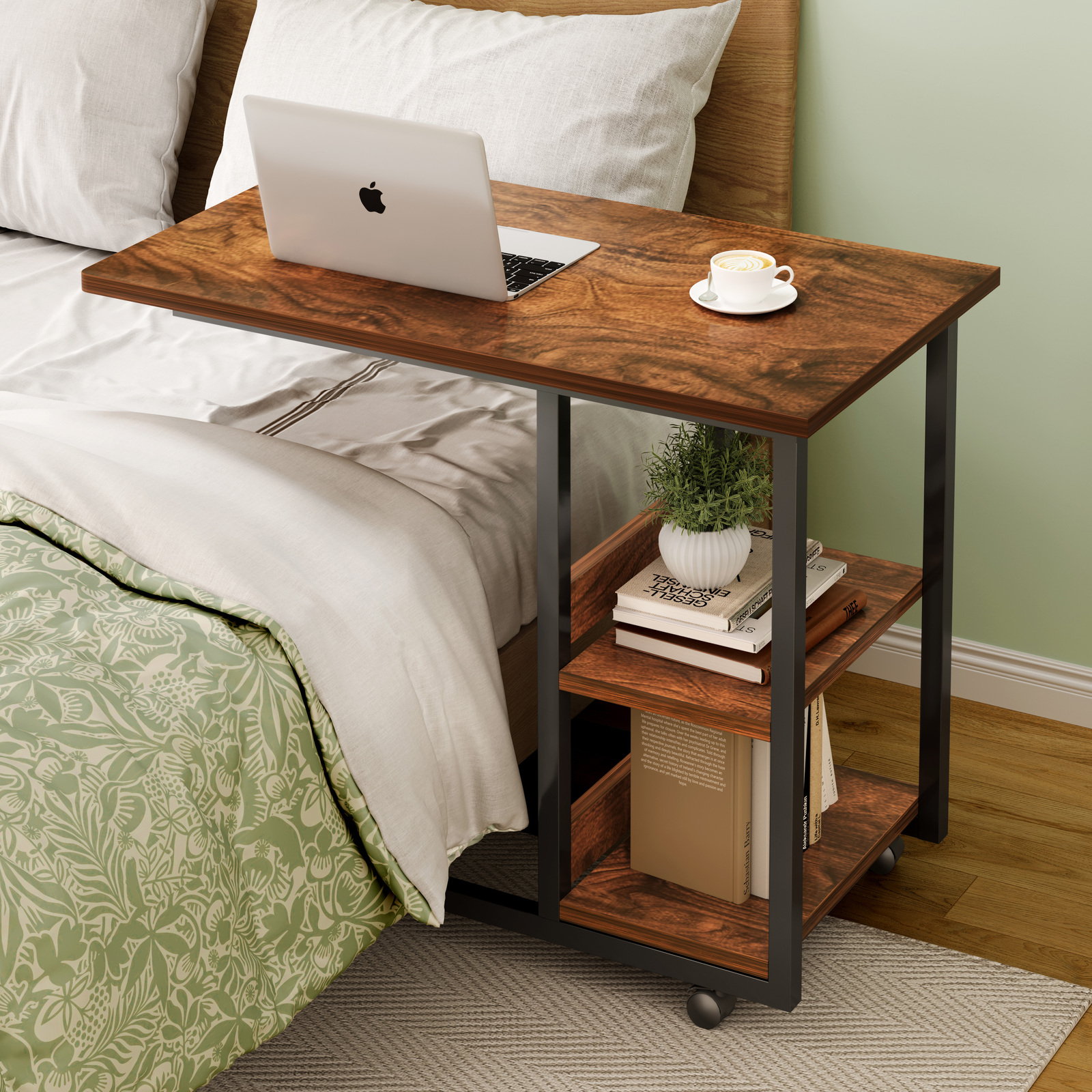 Supreme Sofa Bed Side Table Laptop Desk with Shelves & Wheels (Rustic Wood)