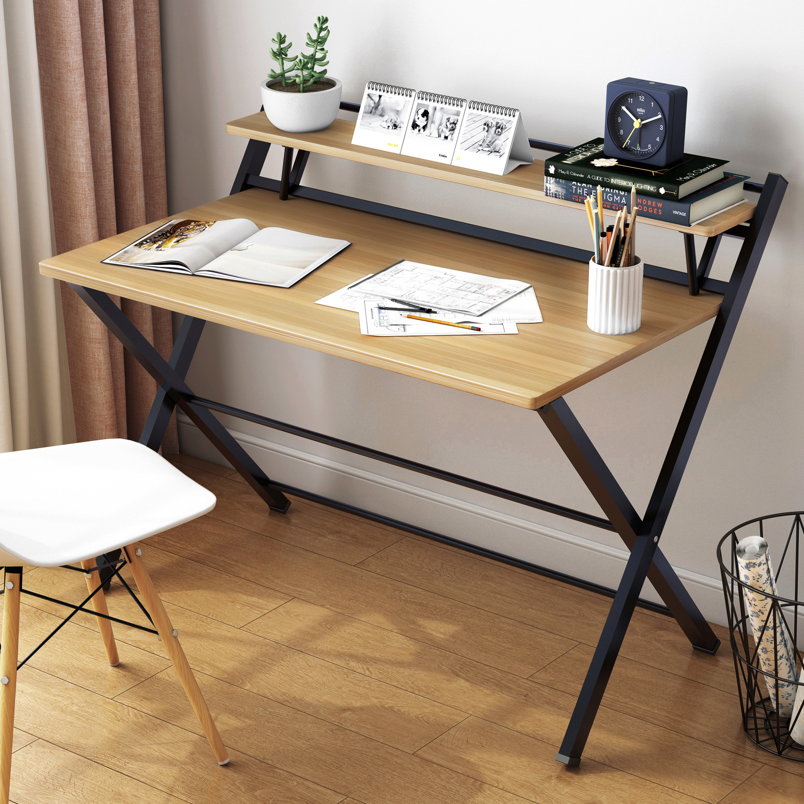 100cm Express Folding Desk with Shelf (Oak)