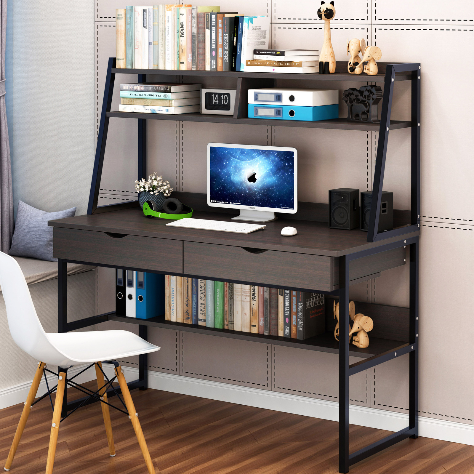 Spearmint Computer Desk Metal Office Student Desk with 2 Side Shelves Storage 