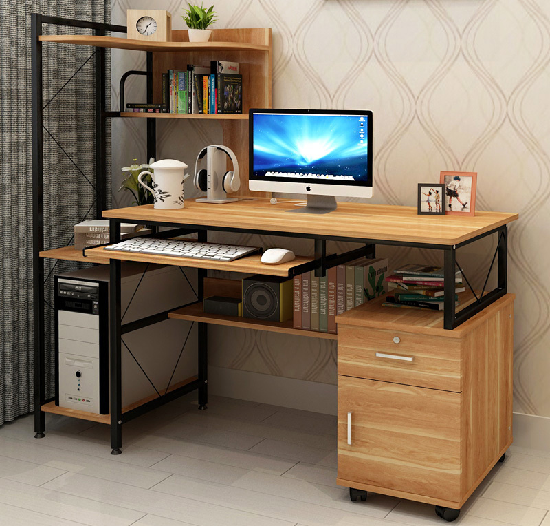 Prime Multi-function Computer Desk Workstation with Shelves & Cabinet (Oak)
