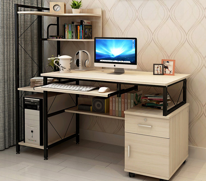 Prime Multi-function Computer Desk Workstation with Shelves & Cabinet (White Oak)