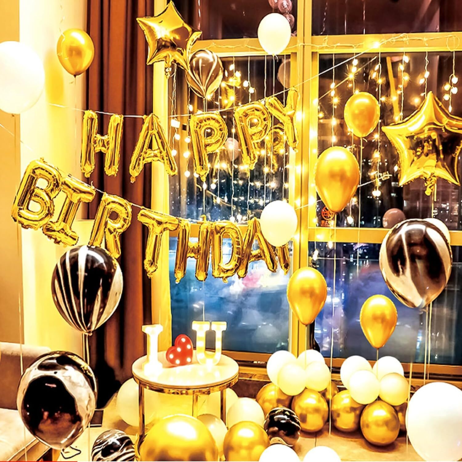 Deluxe Gold Happy Birthday Party Celebration Decorations Balloons Lights Set