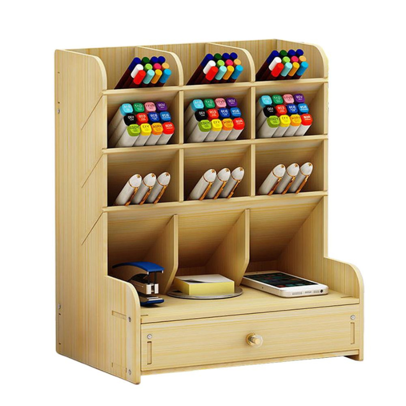Multi-function Wooden Pen Holder Desktop Organizer Storage Box with Drawer (White Oak)