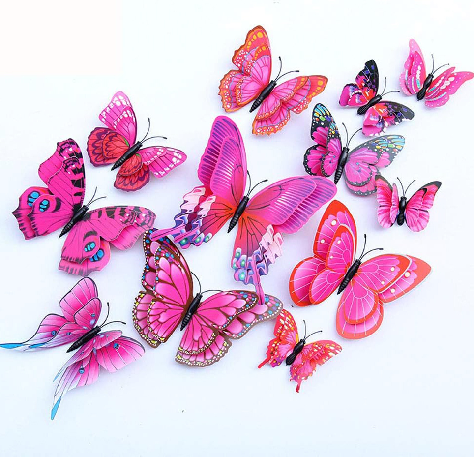 12-Piece 3D Butterfly Wall Decor Butterflies Stickers for Party Decorations with Magnets (Pink)