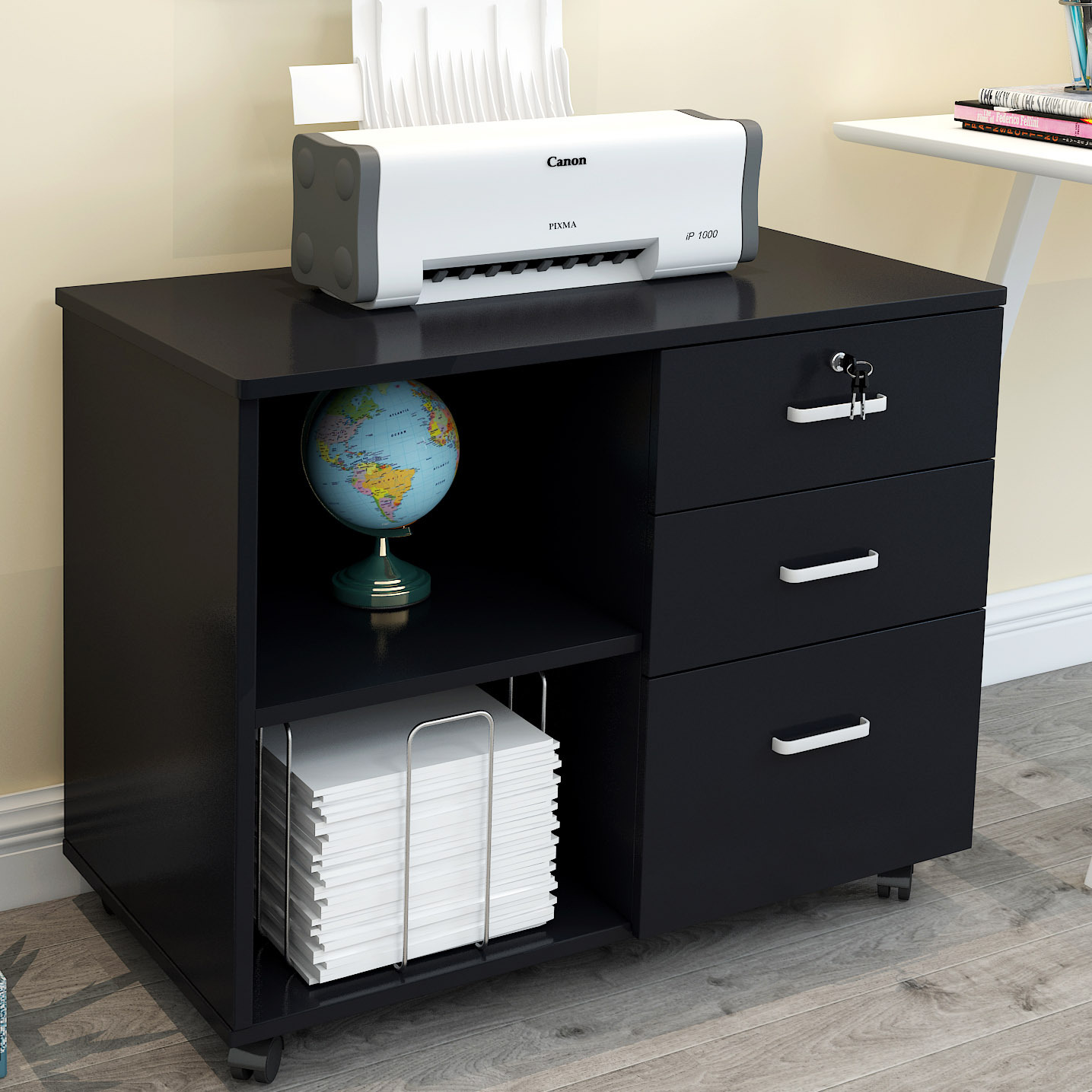 Vibe 3 Drawer and Shelf Utility Side Table with Wheels (Black)