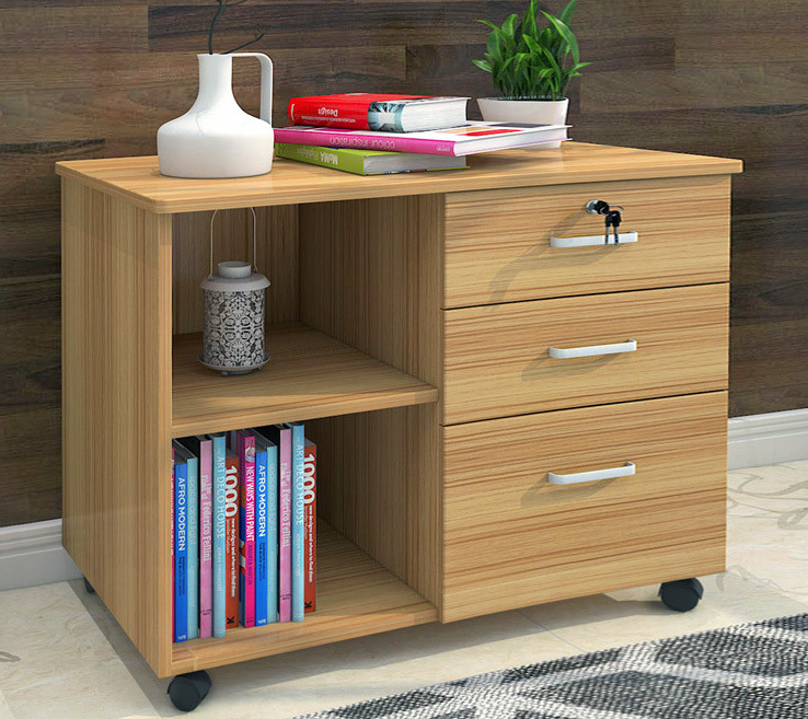 Vibe 3 Drawer and Shelf Utility Side Table with Wheels (Natural Oak)