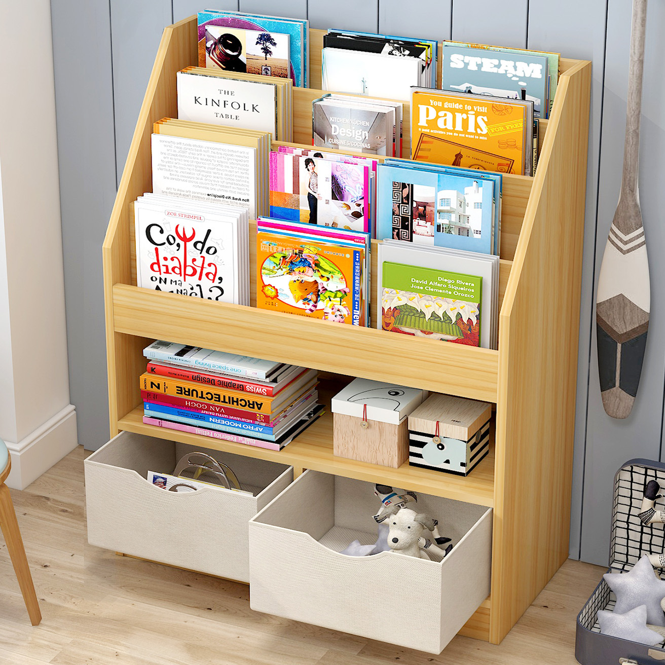 Clover Bookcase Storage Shelf Magazine Rack with Drawers (Oak)