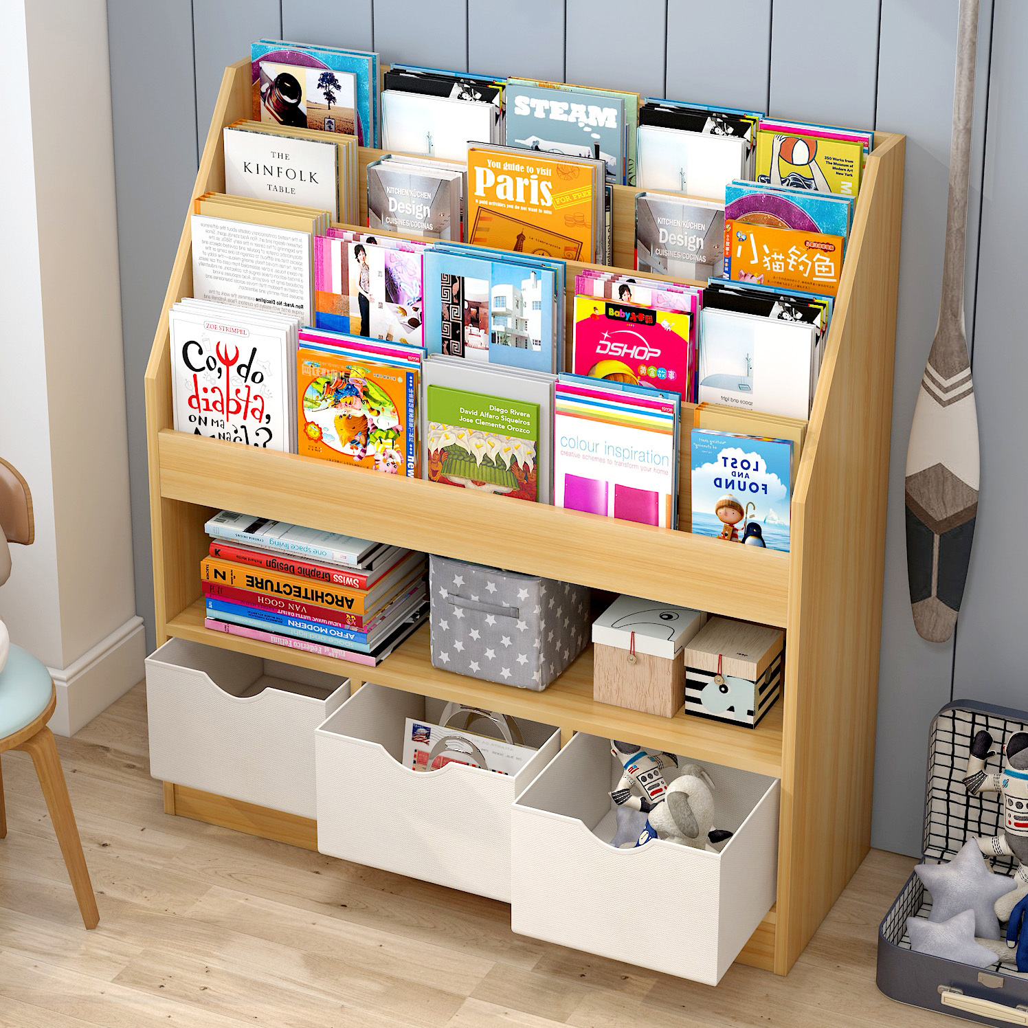 Clover Large Bookcase Storage Shelf Magazine Rack with Storage Drawers (Oak)