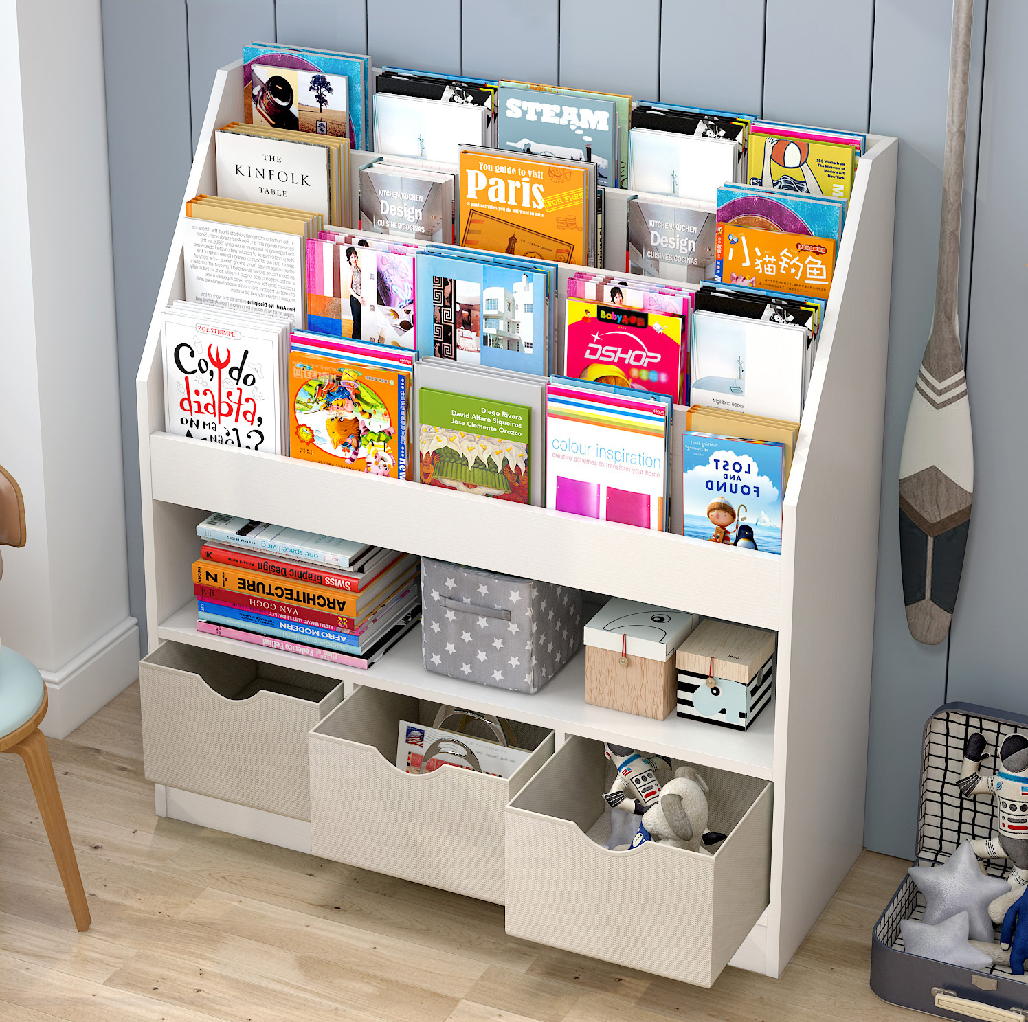 Clover Large Bookcase Storage Shelf Magazine Rack with Storage Drawers