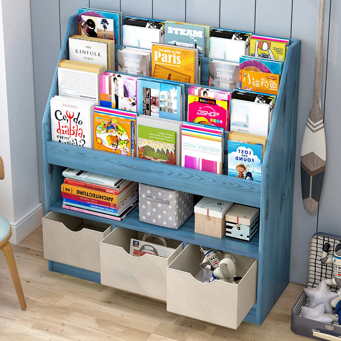 Clover Large Bookcase Storage Shelf Magazine Rack with Drawers (Blue)