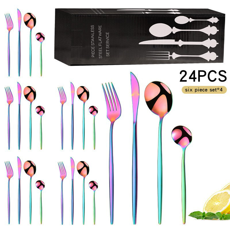 24PC Stainless Steel Cutlery Set Knife Fork Spoon Kitchen Tableware (Colourful)