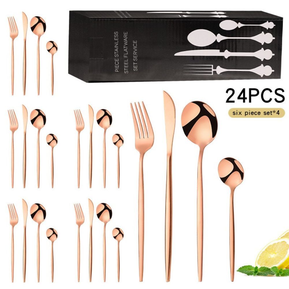 24PC Stainless Steel Cutlery Set Knife Fork Spoon Kitchen Tableware (Rose Gold)