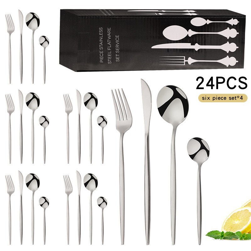 24PC Stainless Steel Cutlery Set Knife Fork Spoon Kitchen Tableware (Silver)