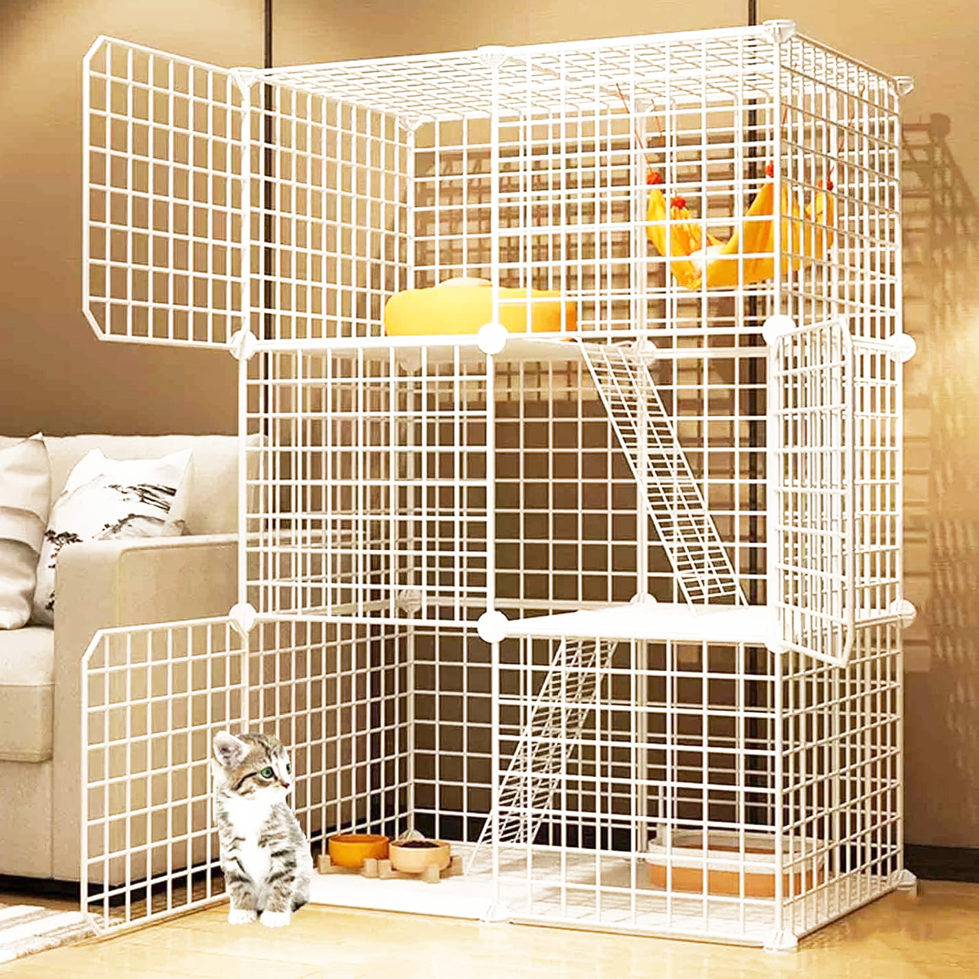 Large Pet Home Cat Cage Detachable Metal Wire Kennel Playpen Exercise Crate (White)