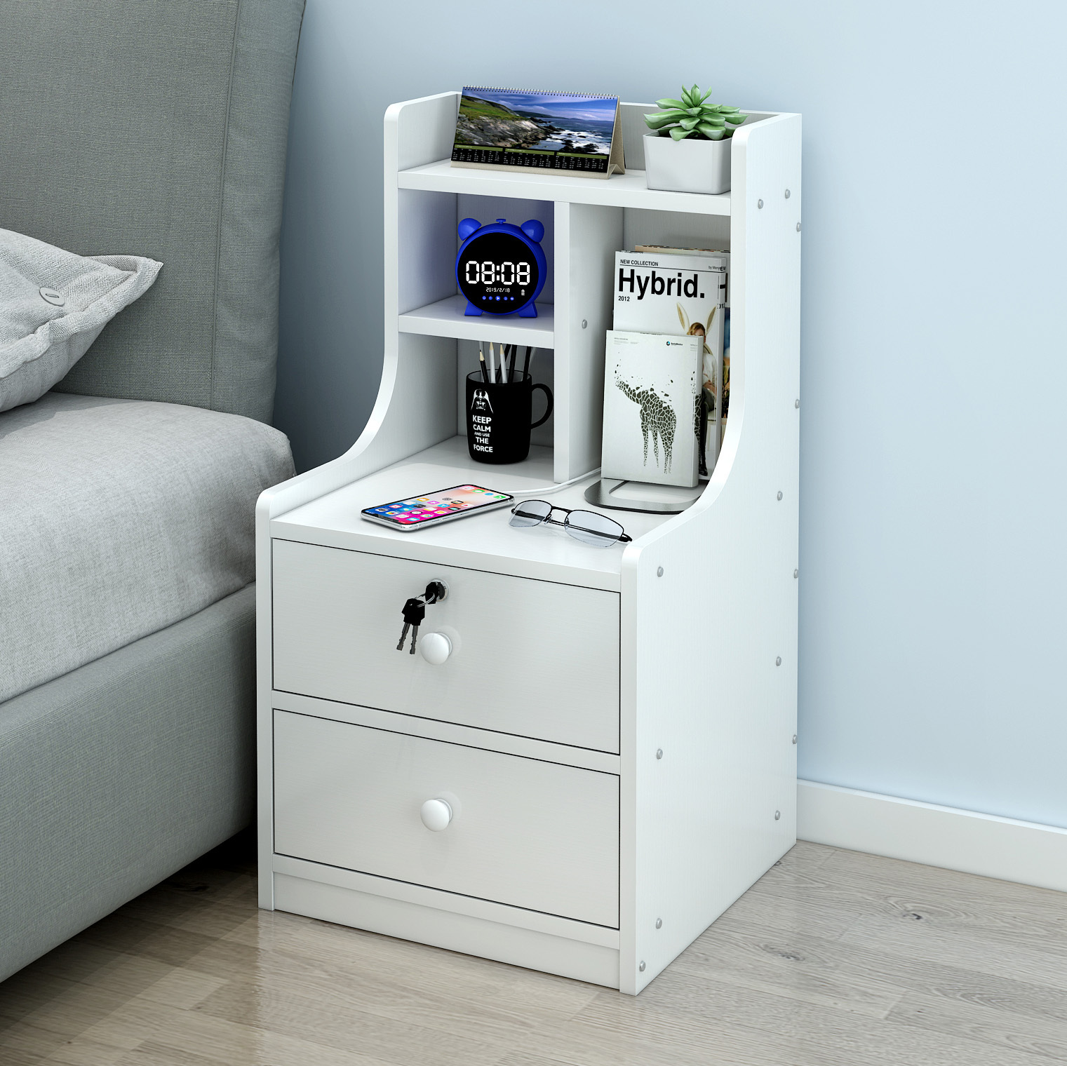Imperial 2-Drawer Tall Bedside Table with Chest of Drawers and Shelf (White)