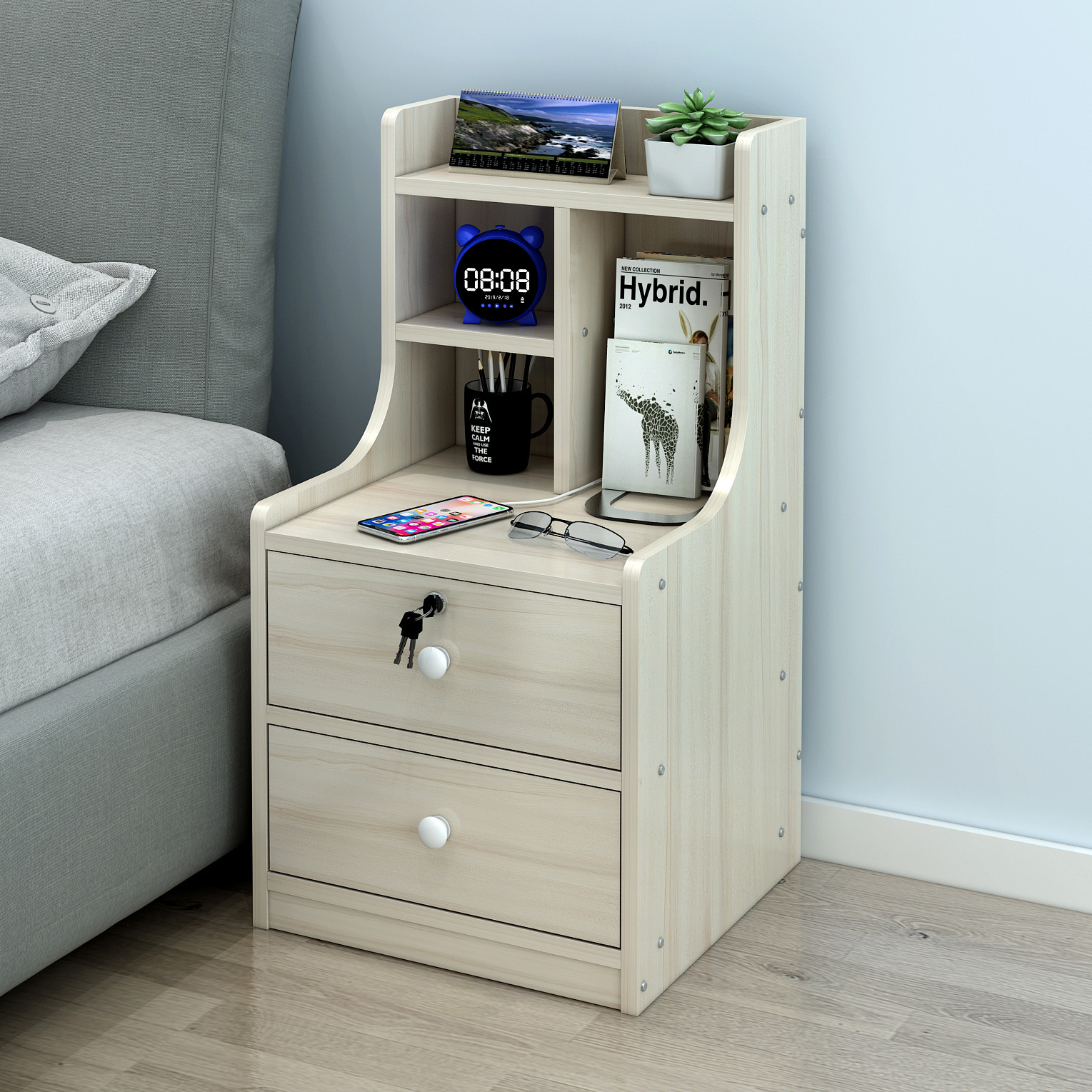 Imperial 2-Drawer Tall Bedside Table with Chest of Drawers and Shelf (White Oak)