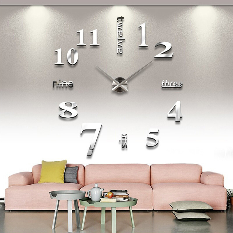 3D Luxe DIY Large Wall Clock Home Decoration (Silver)