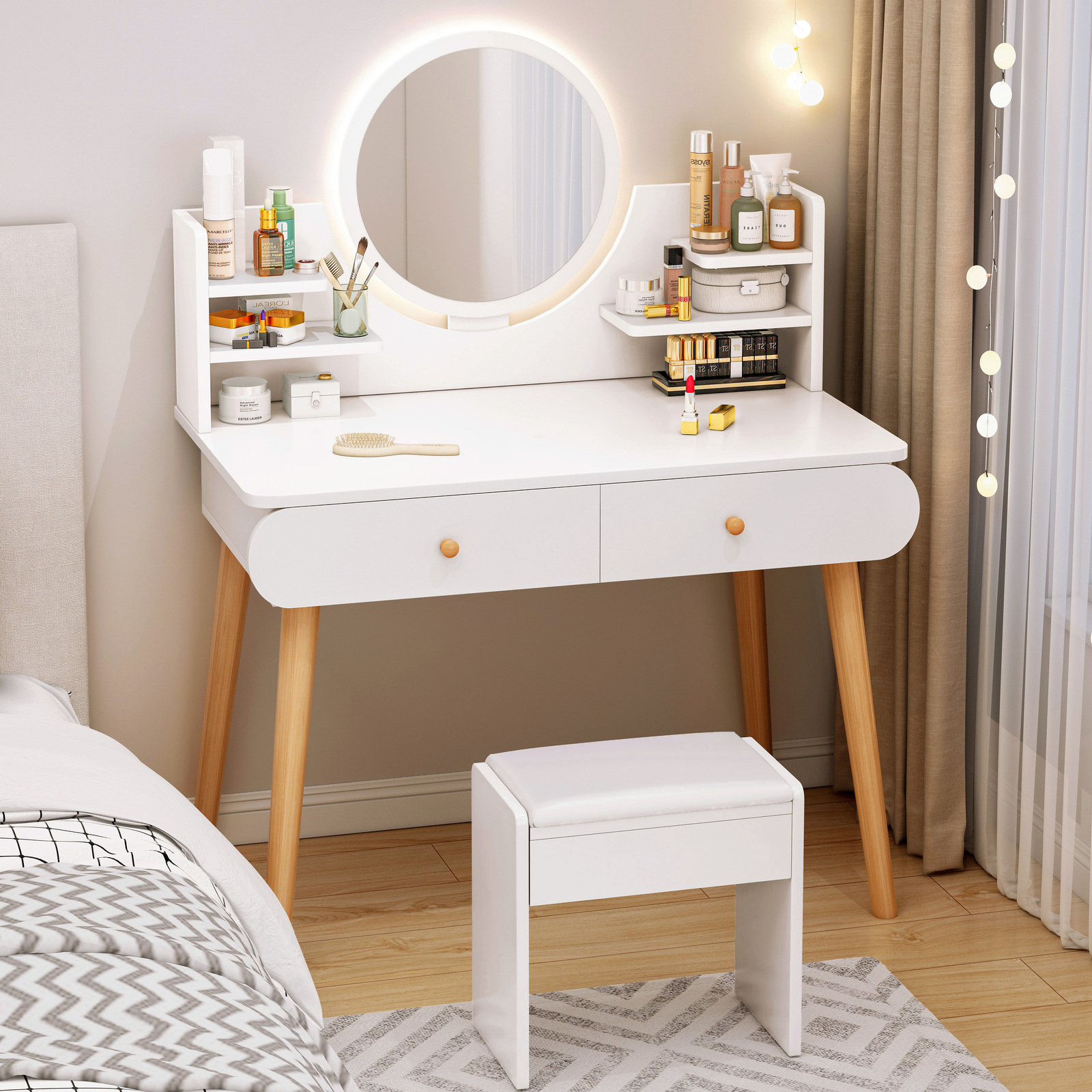 LED Luminous Beauty Dresser Vanity Table with Mirror, Stool and Storage Drawers Set