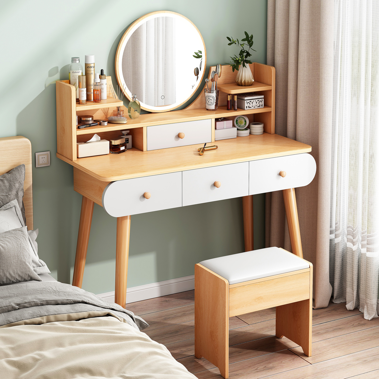 LED Luminous Beauty Large Dresser Vanity Table with Mirror, Stool and Storage Drawers Set (Oak)