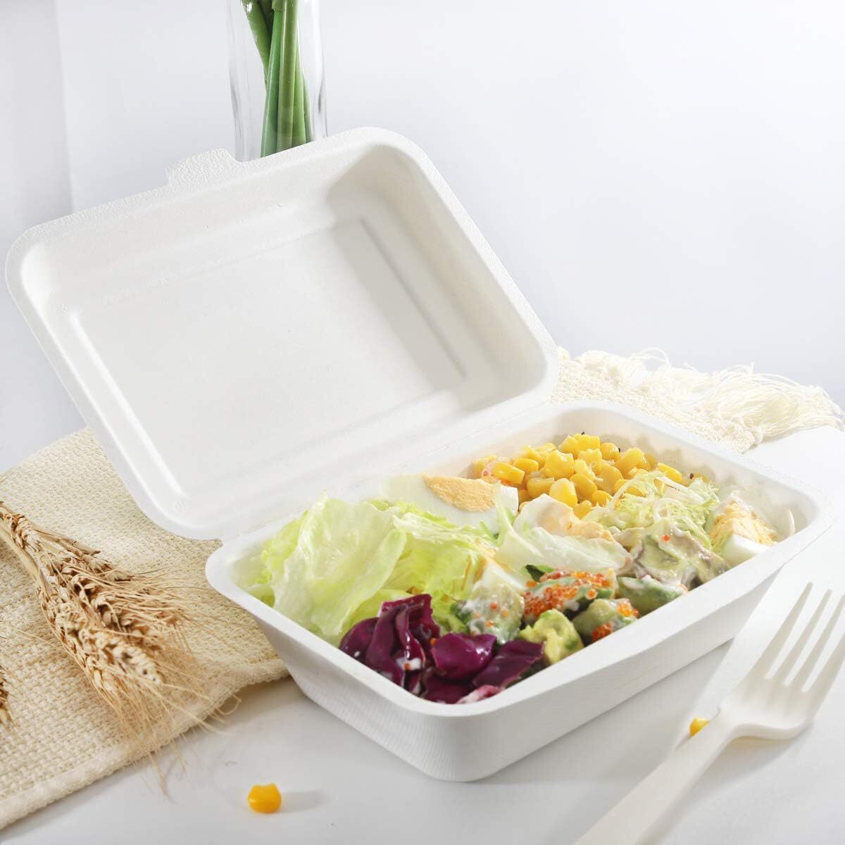 50 X Large Biodegradable Takeaway Dinner Box Disposable Food Containers with Lid (600mL)