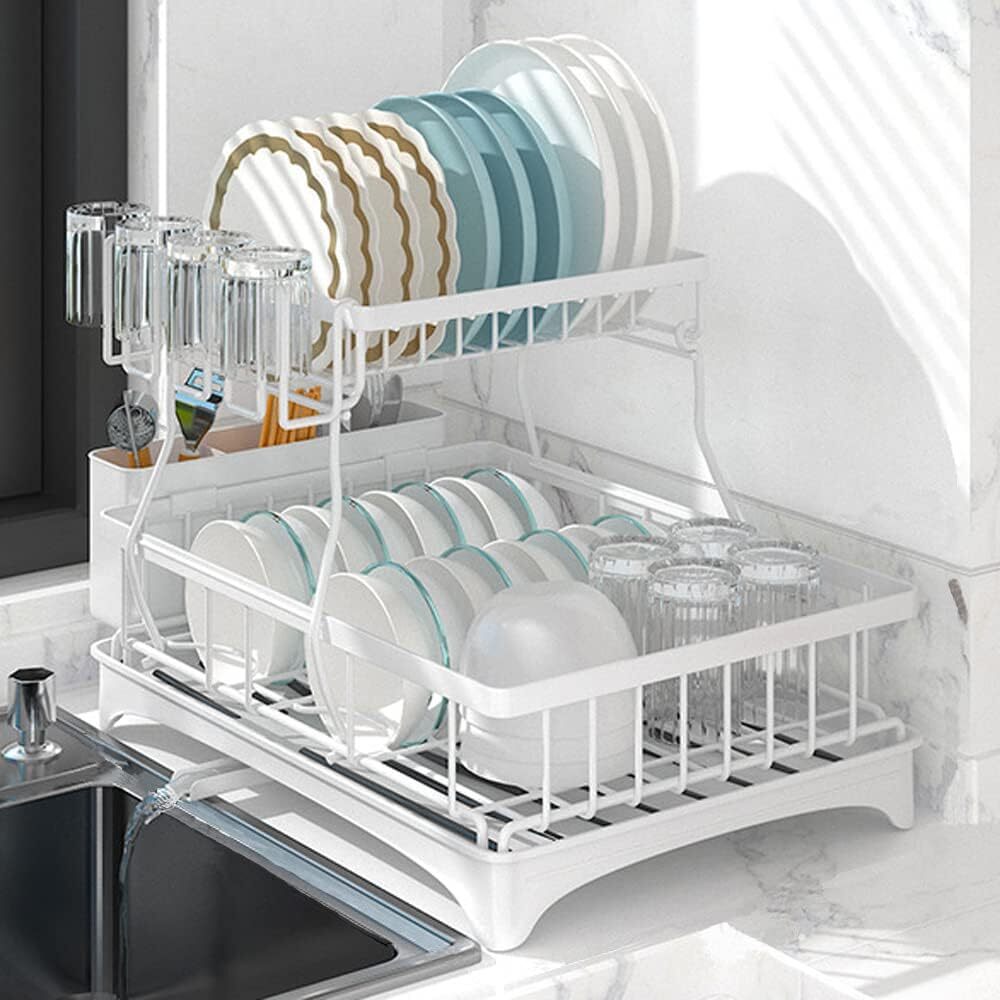 2-Tier Dish Drying Rack Kitchen Drainer Organizer with Cutlery Holder (White)