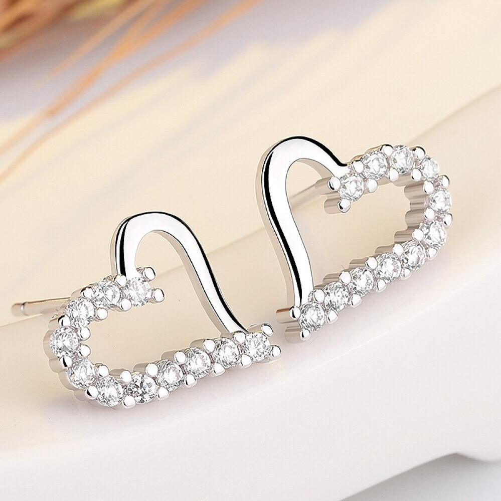 Sterling Silver Classic Love Heart CZ Diamond Earrings