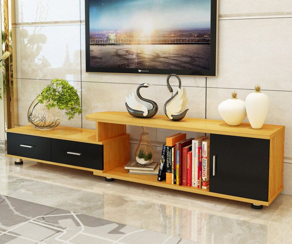 Luxe Adjustable Extendable TV Cabinet (High Gloss Oak & Black)