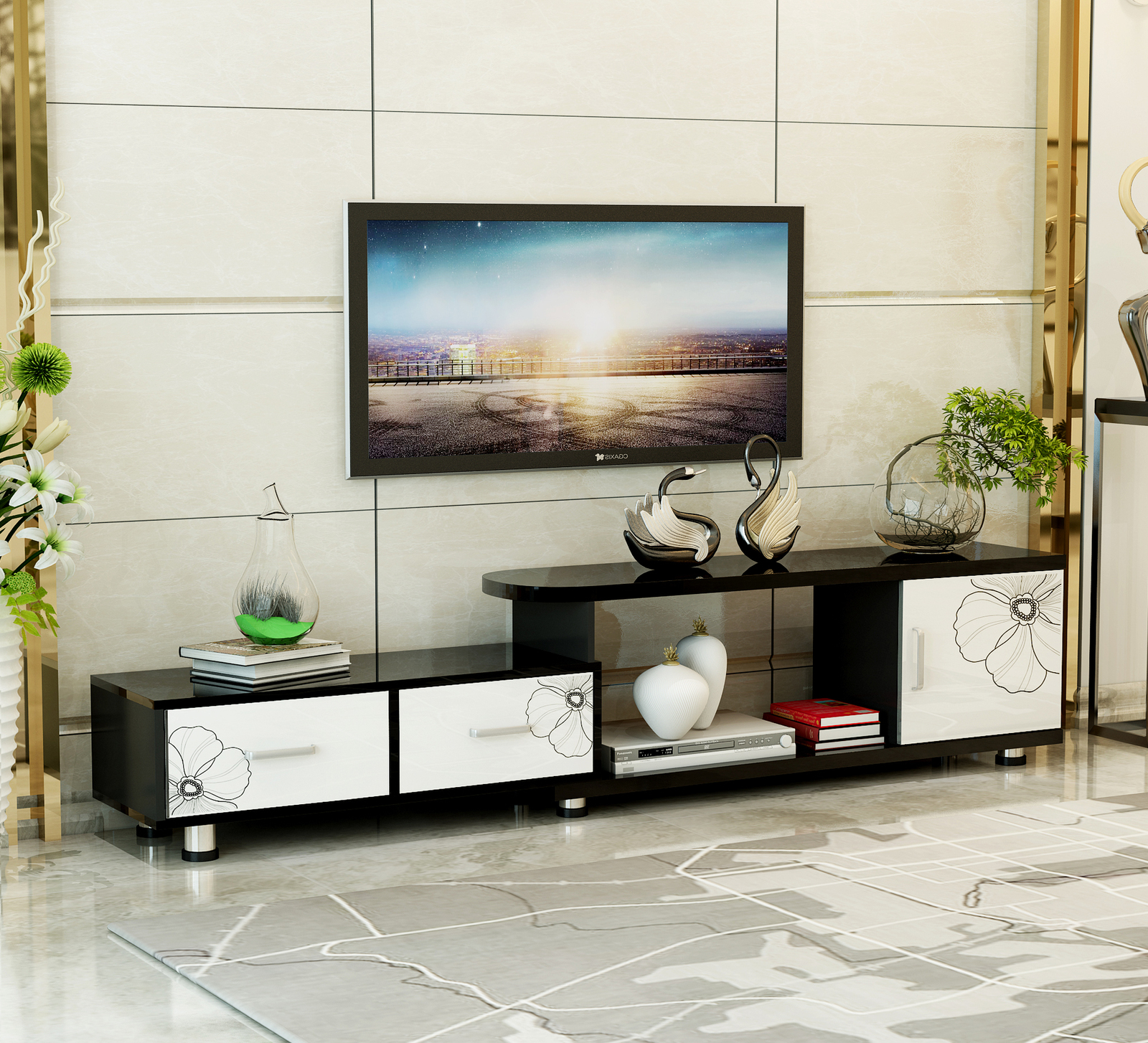Luxe Extendable TV Cabinet (High Gloss White & Black)