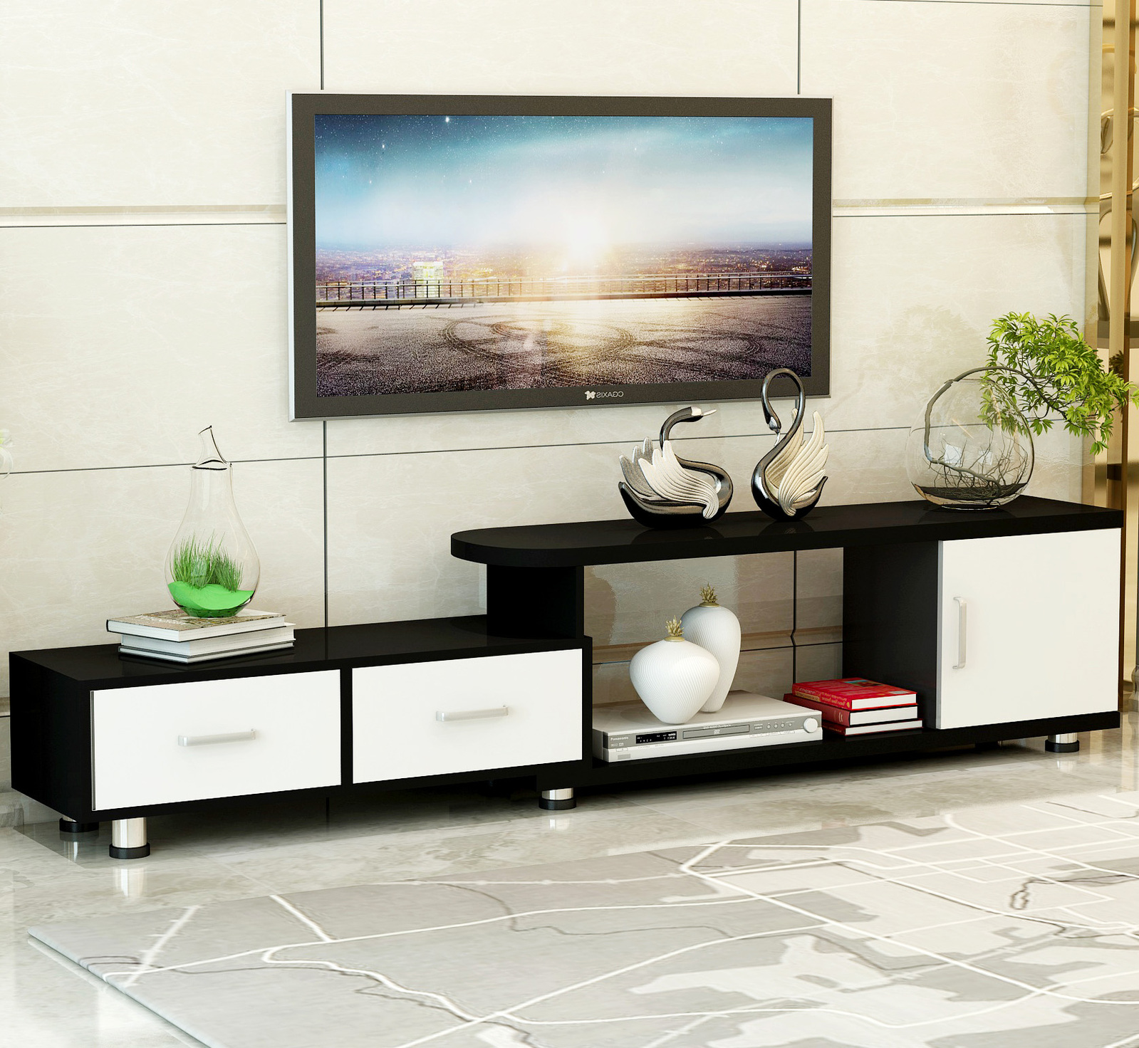 Luxe Adjustable Extendable TV Cabinet (Black & White)
