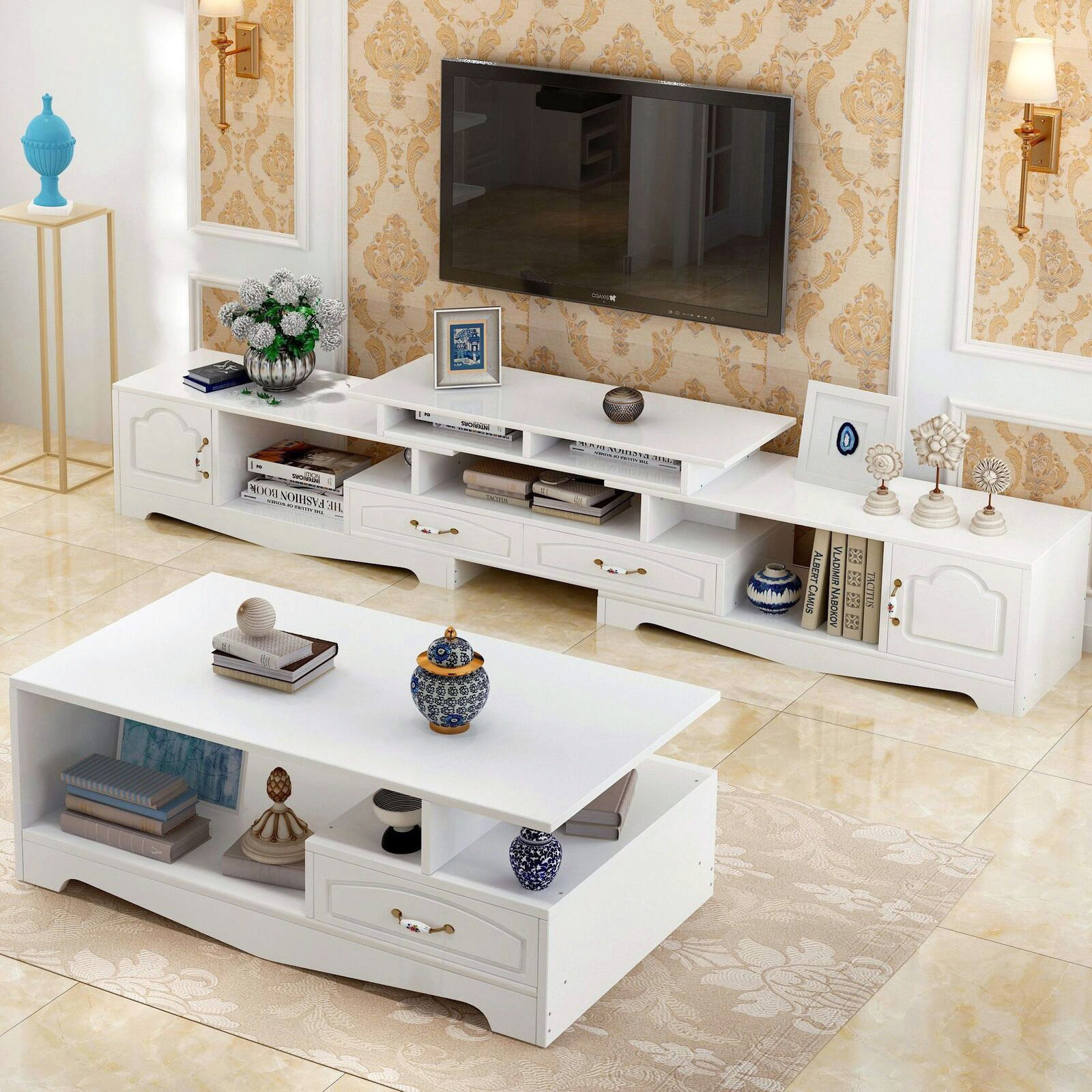 2-Piece Set Royal Luxury Coffee Table & Adjustable TV Cabinet