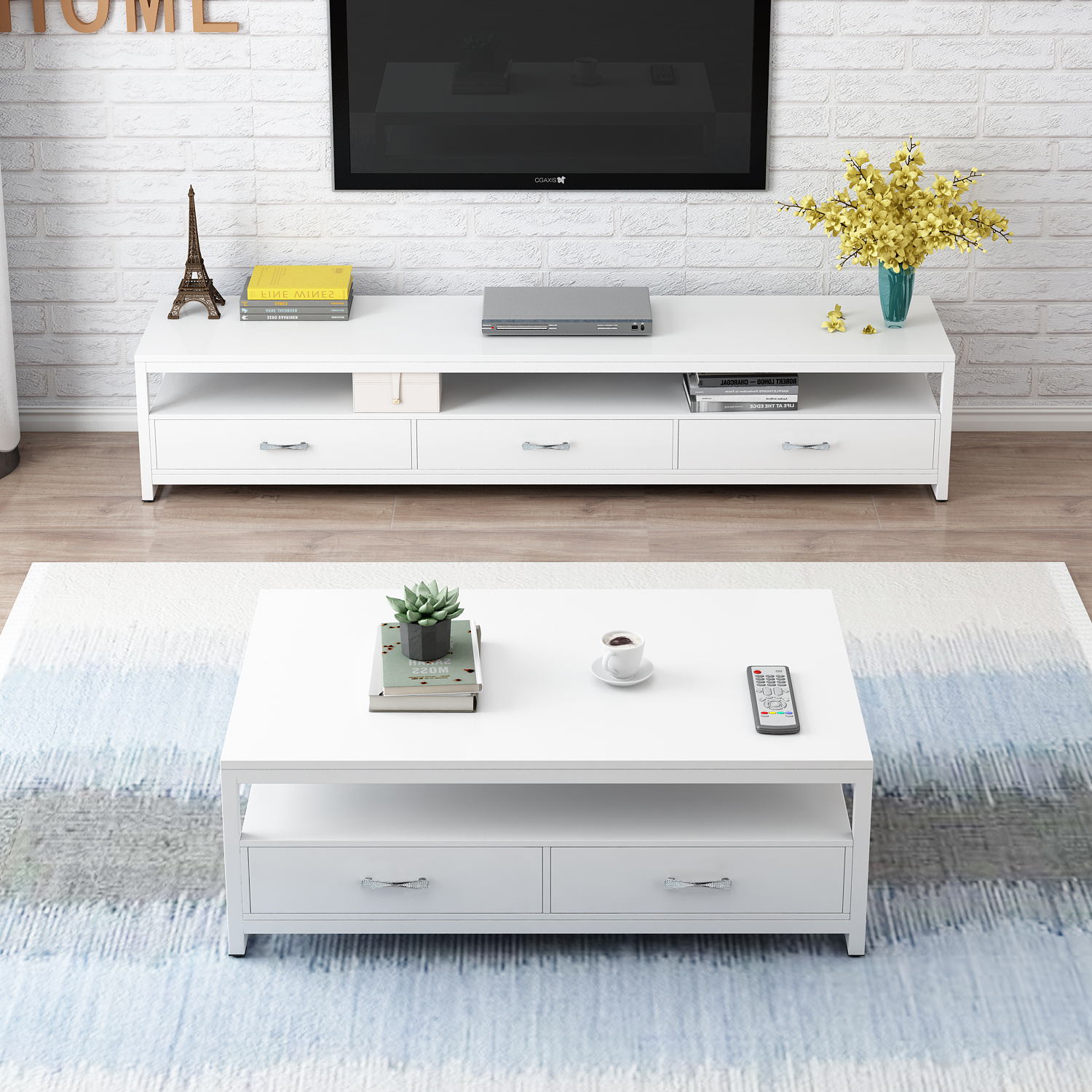 2 Piece Set Athena Coffee Table Tv Cabinet With Drawers White