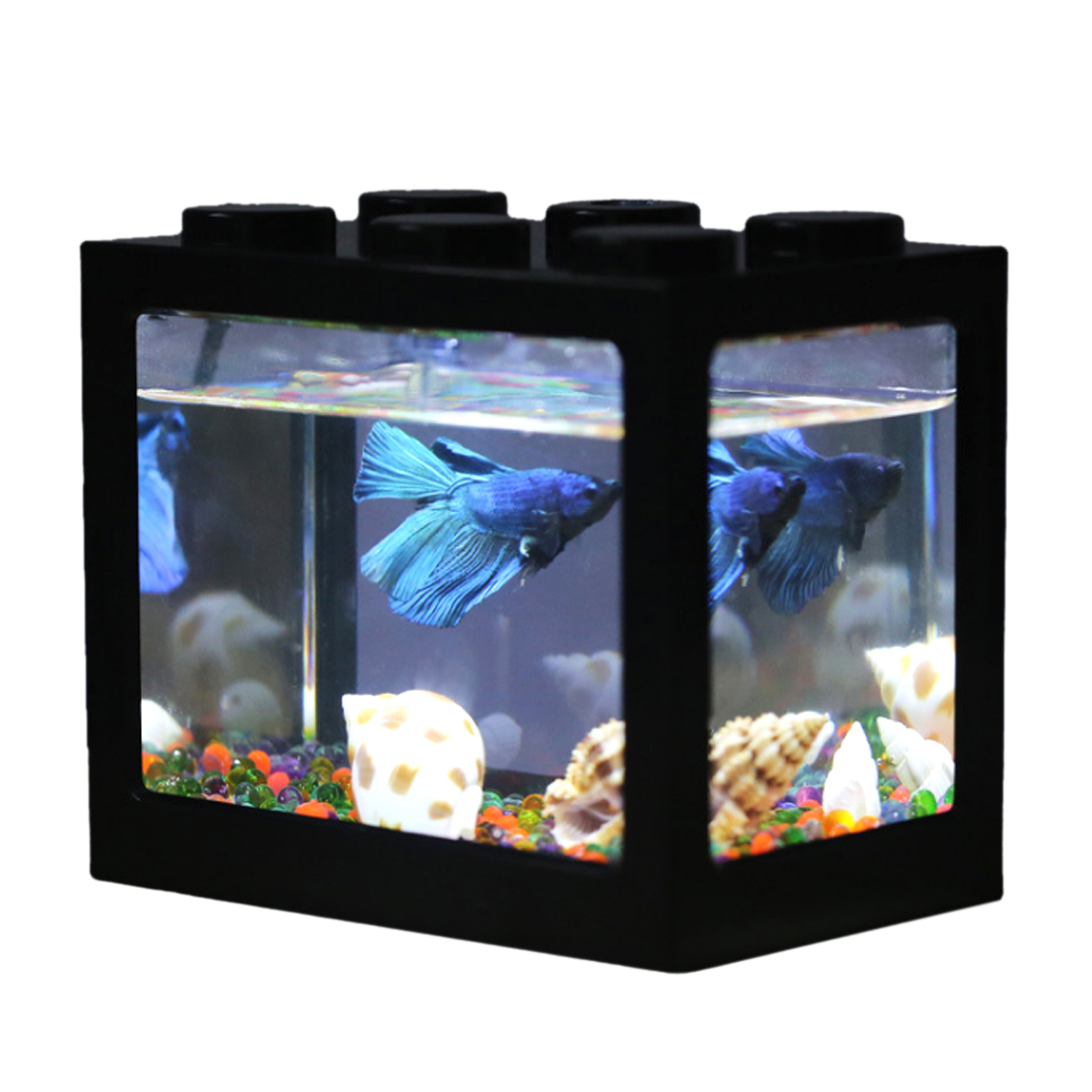 Mini Fish Tank Desktop Building Block Aquarium with LED (Black)