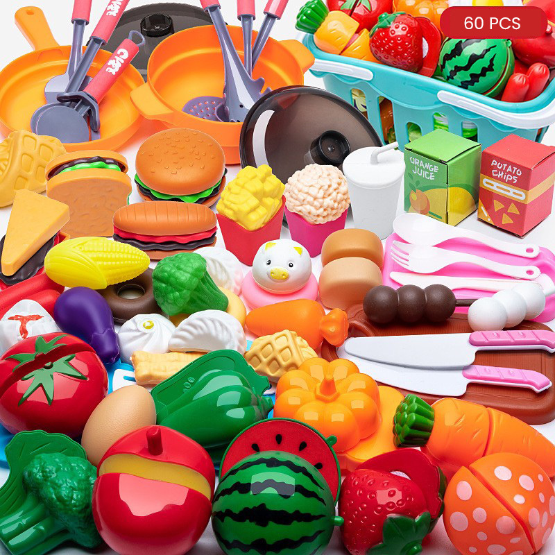60-Piece Realistic Pretend Cutting Food Toy Play Set with Basket