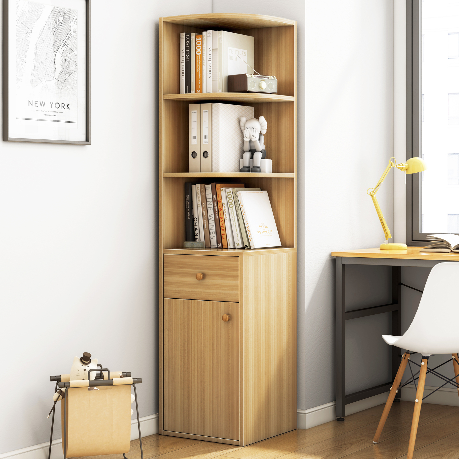 Vision Stylish Wooden Corner Shelf Unit with Cabinet & Drawer (Oak)