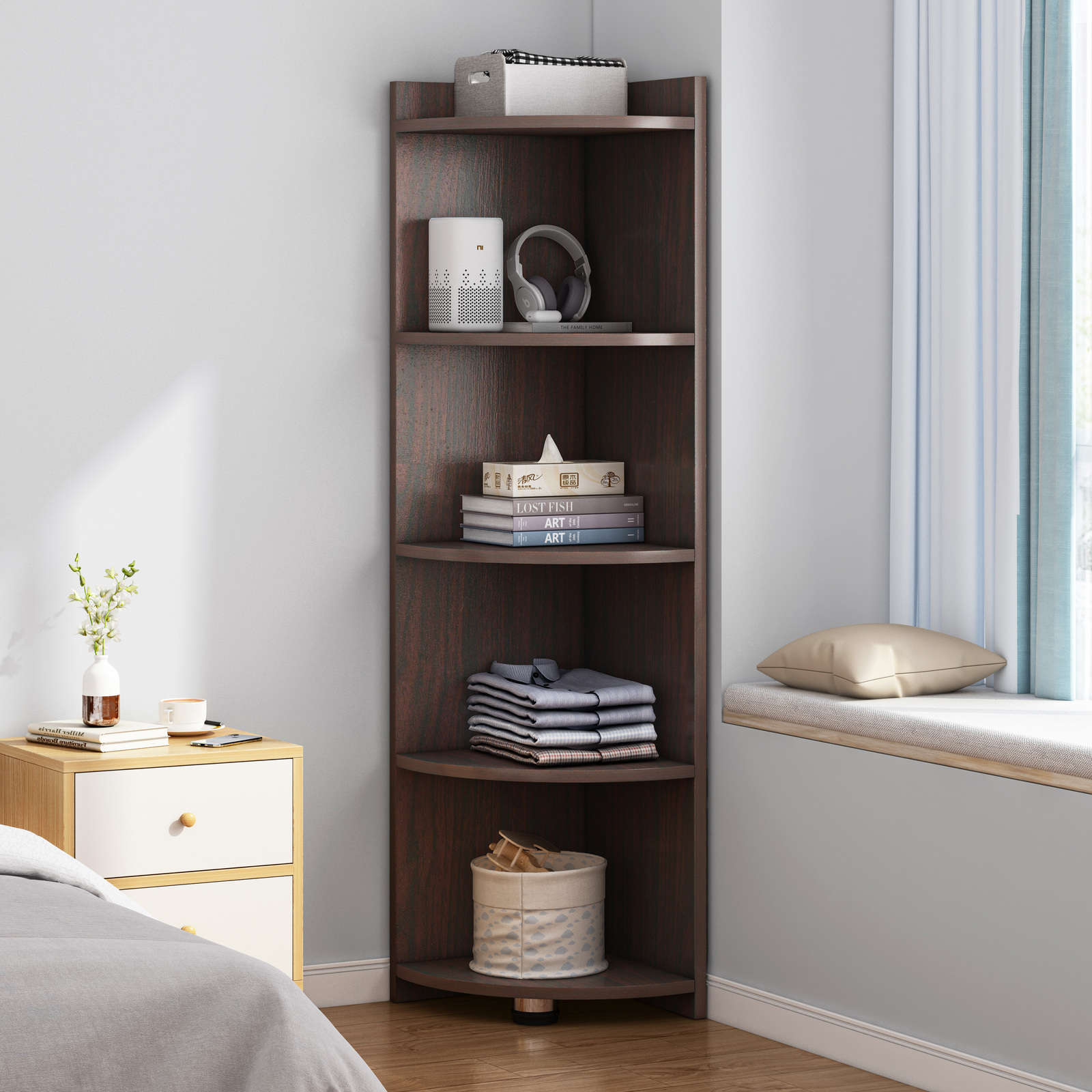 Inspire 5 Tier Stylish Wooden Corner Shelf Unit (Black Walnut)