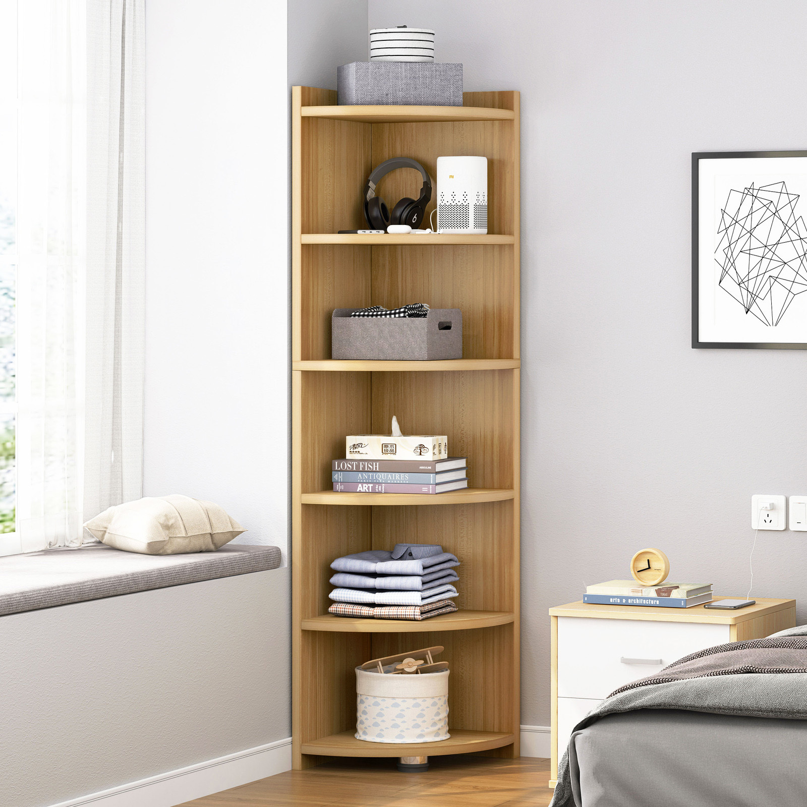 Inspire 6 Tier Large Stylish Wooden Corner Shelf Unit (Oak)