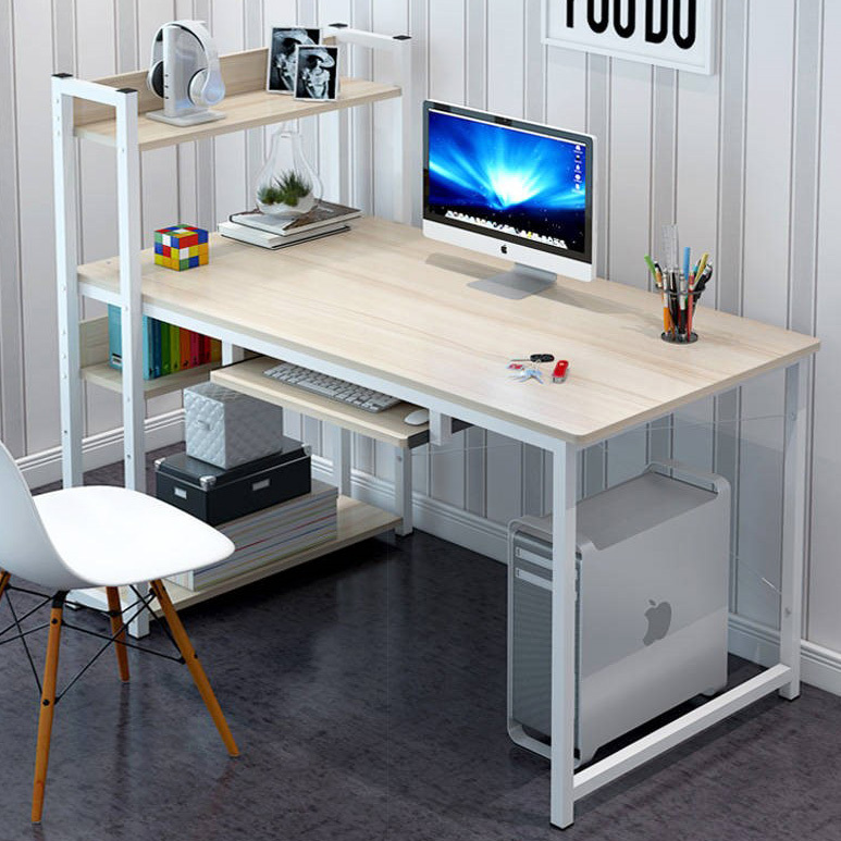 Genius Large Workstation Wood & Steel Computer Desk with Storage Shelves (White Oak)