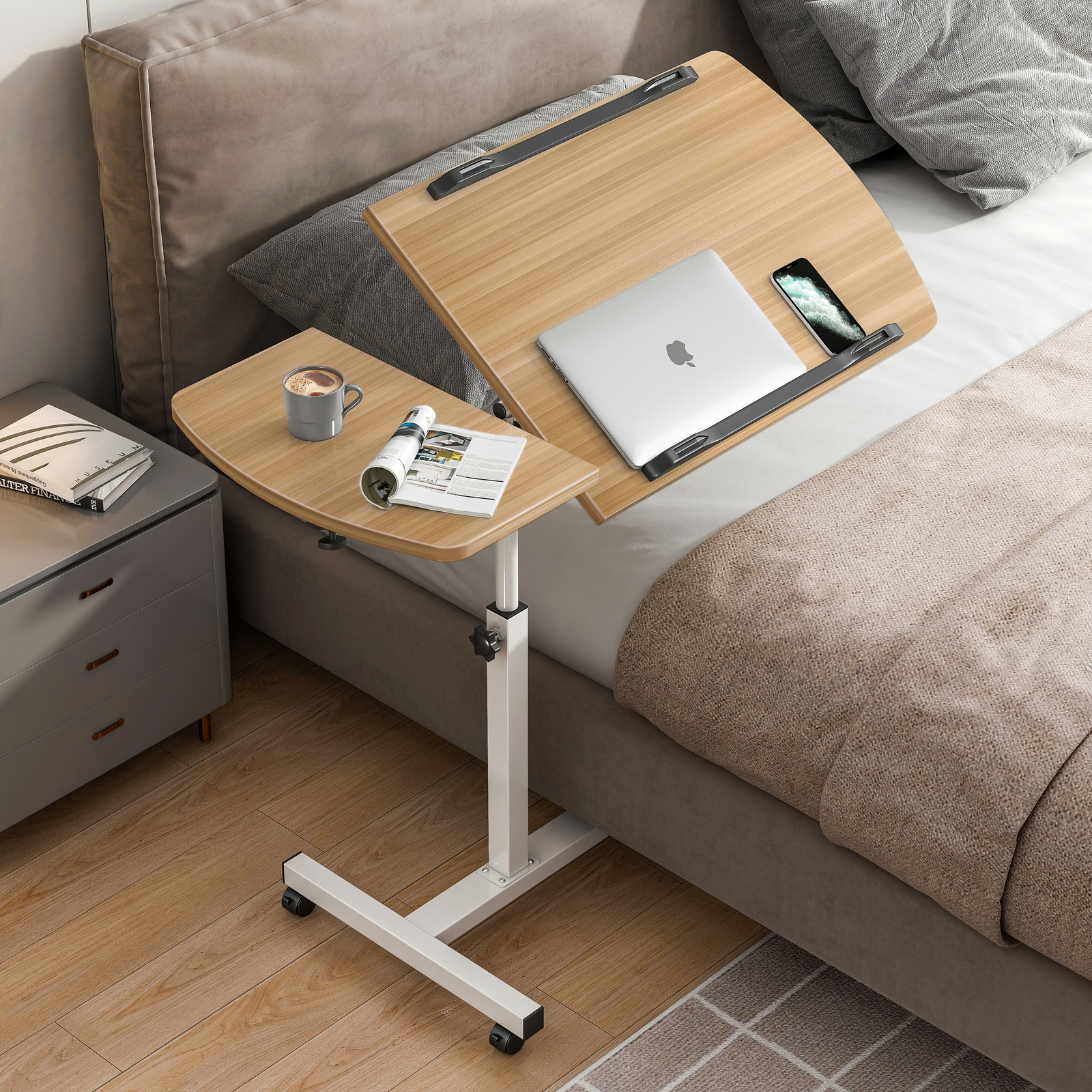Motif 2-in-1 Adjustable Portable Sofa Bed Side Table Laptop Desk with Wheels (Oak)